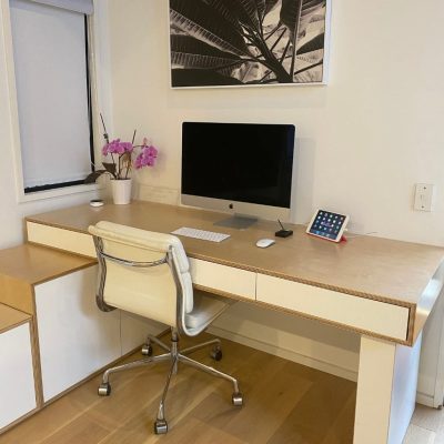 Plywood office desk and storage